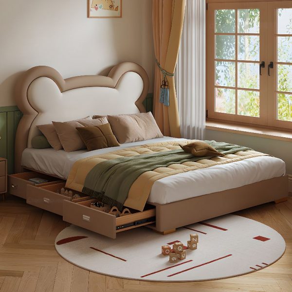 "Sepia Art Deco Wood Standard Children Bed with Animal Theme, Artificial Leather, Coir Mattress, and Headboard"