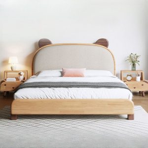 "Modern Simple Style Animals Natural Finish Lumber & Cotton Panel Standard Children Bed with Headboard"