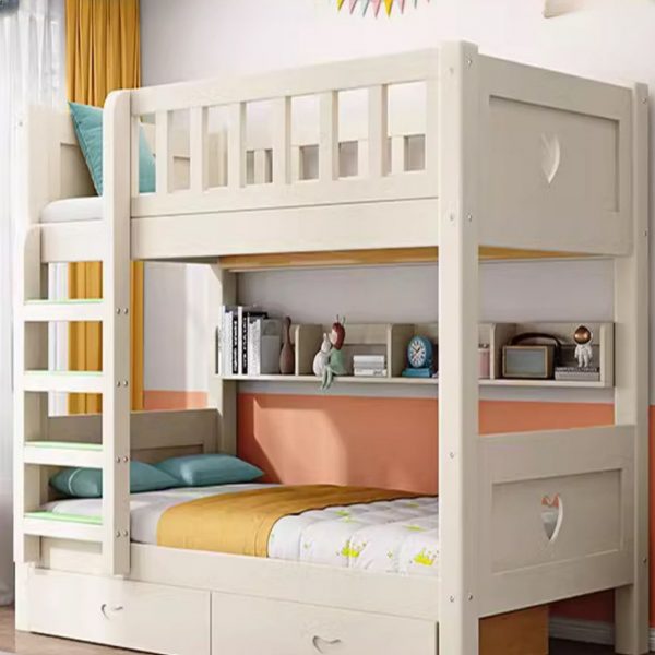 "White Timber Kids Bunk Bed with 2 Drawers, Coir Mattress & Underbed Storage, Including Ladder and Guardrail"