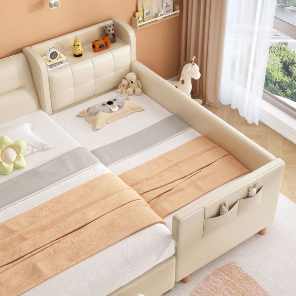 "White Modern Lumber Standard Children Bed with Leatherette Upholstery, Coir Mattress, Headboard & Guardrail"