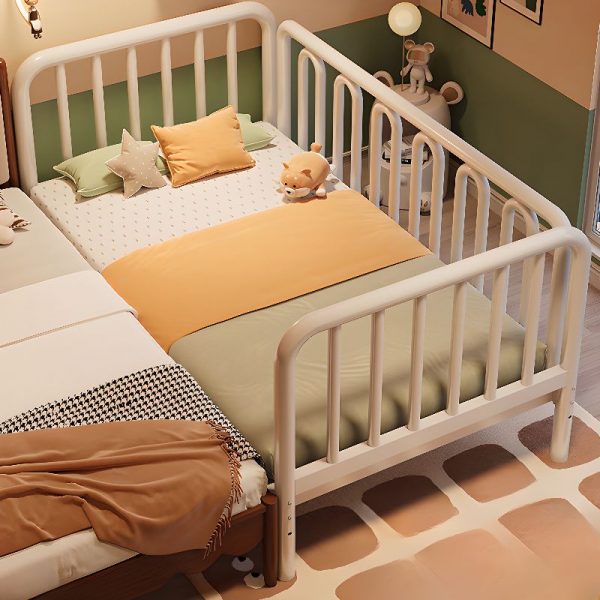 "Chalk Modish Iron Standard Children Bed with Coir Mattress and Detachable Guardrails, Gender Neutral"