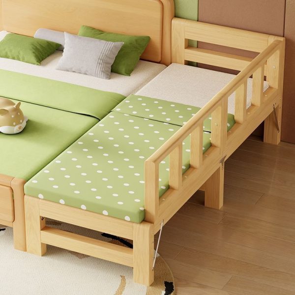 "Art Deco Natural Color Pine Wood Panel Kids Bed with Mattress & Detachable Guardrails for Gender Neutral"