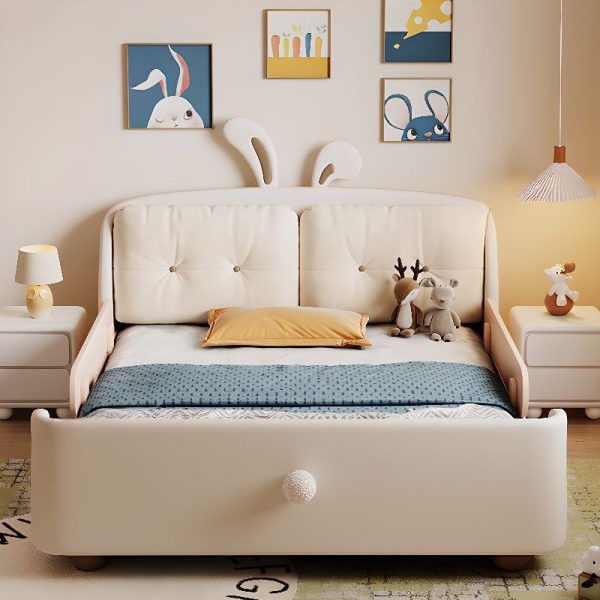 "Simple Beige Synthetic Leather Standard Children Bed with Timber Frame Headboard and Footboard, Coir Mattress Included/Not Incldued"