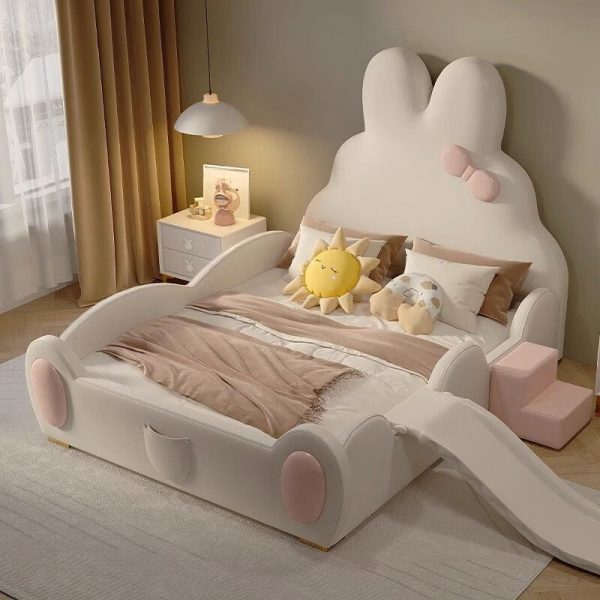 "Vinyl Leather Princess Standard Children Bed with Slide, Footboard, Underbed Storage and Stairs for Girl/ Woman+"