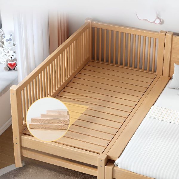 "Natural Color Modish Natural Wood Standard Children Bed with Coir Mattress & Gender Neutral Guardrail"